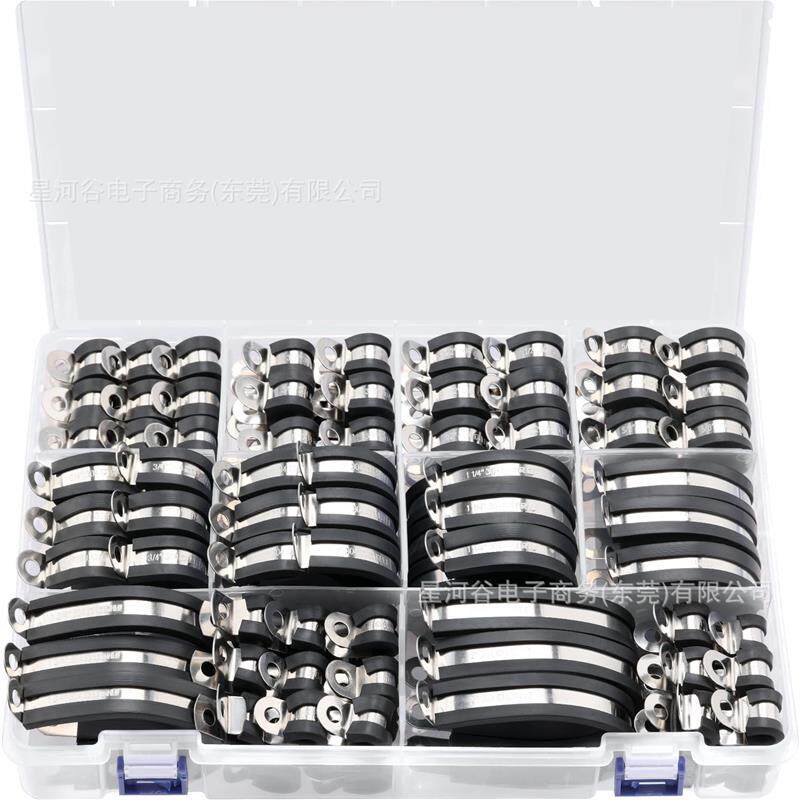 适配跨境125PCS盒装304不锈钢连胶条卡箍管夹R型骑马卡电线电缆固