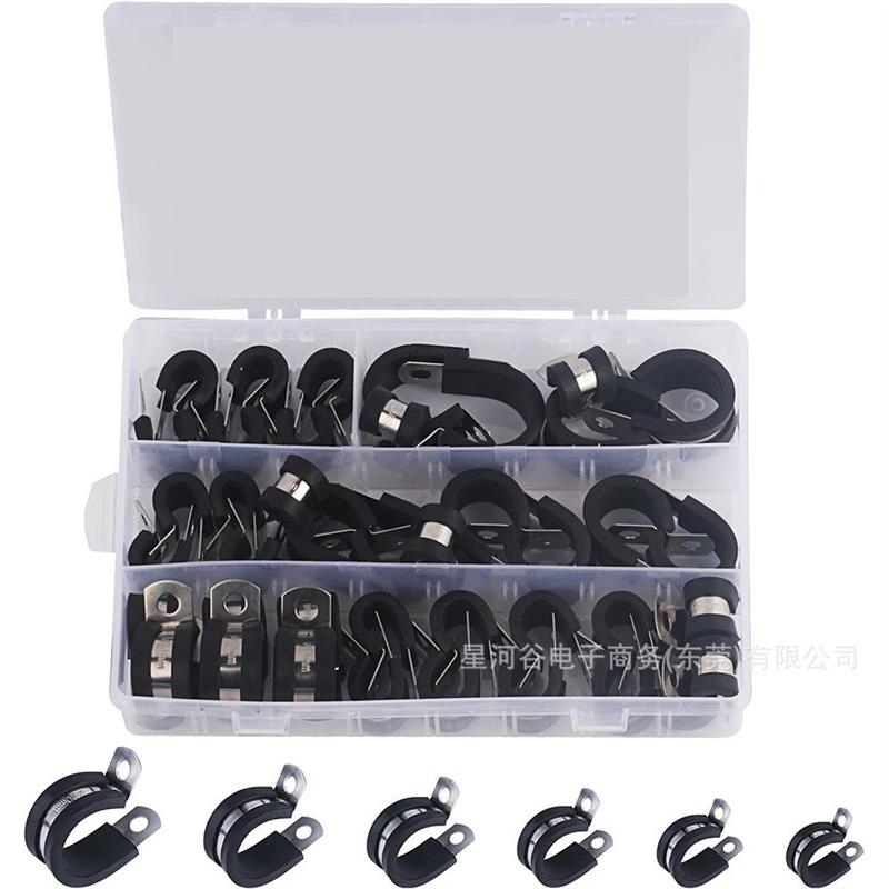 适配跨境供应-42只装5种规格-不锈钢304胶条卡箍 R型连胶皮软管夹