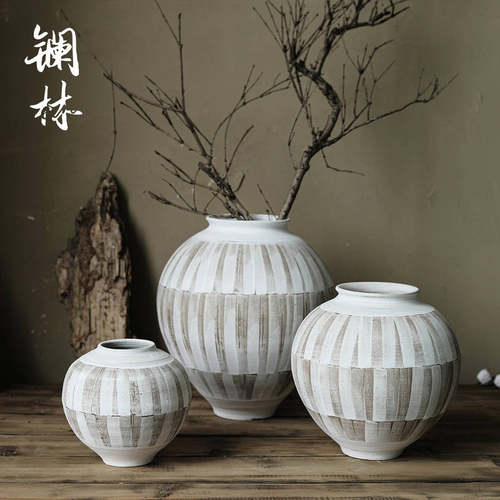 极速复古粗陶纯手绘陶瓷花瓶艺术家轻奢中式插花干燥花家居民宿装