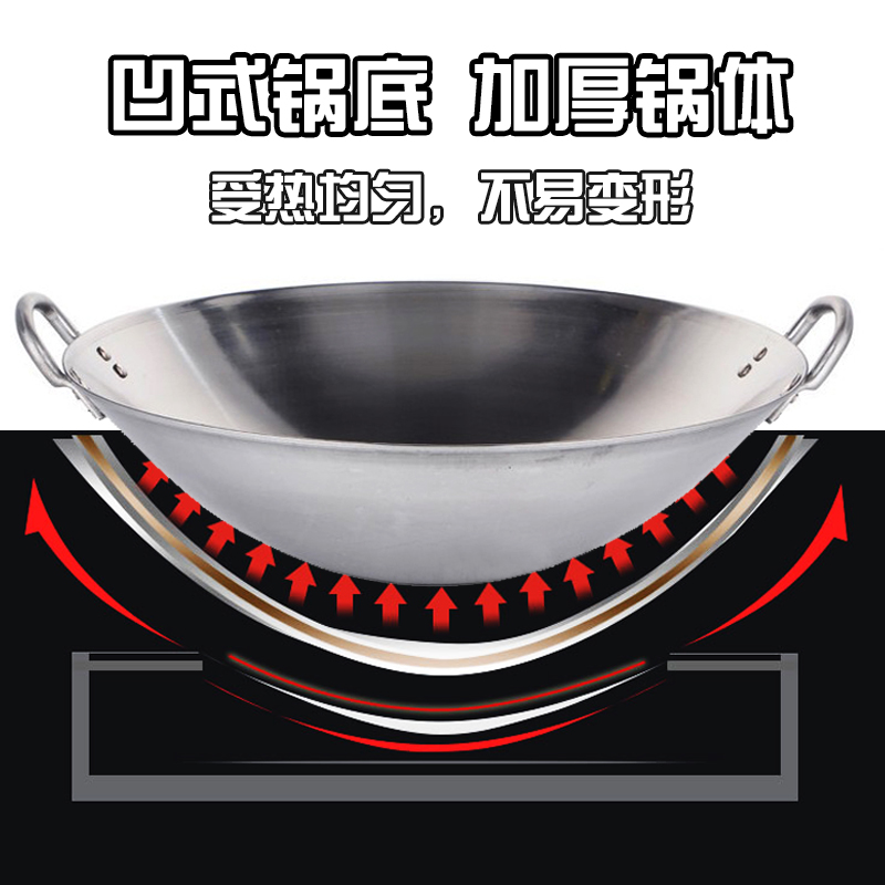 凹面电磁炉专用炒锅商用不锈钢锅45双耳尖底酒店厨师圆底大炒菜锅