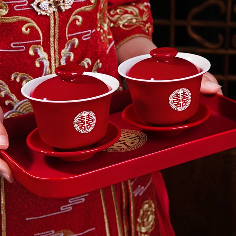 敬茶杯结婚喜碗套装敬酒茶杯改口对碗红碗一对碗筷红色婚礼龙凤