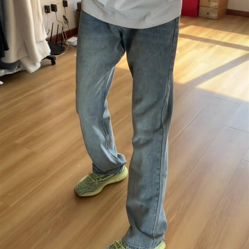 现货fit浅蓝色牛仔裤男款美式高街vibe裤子微喇修身窄版直筒长裤