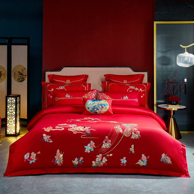 现货结婚四件套床上用品新婚被套婚庆红色棉床单婚嫁喜被百子图喜,床上用品,婚庆床品套件,淘宝优惠券,粉丝福利购,淘宝优惠卷