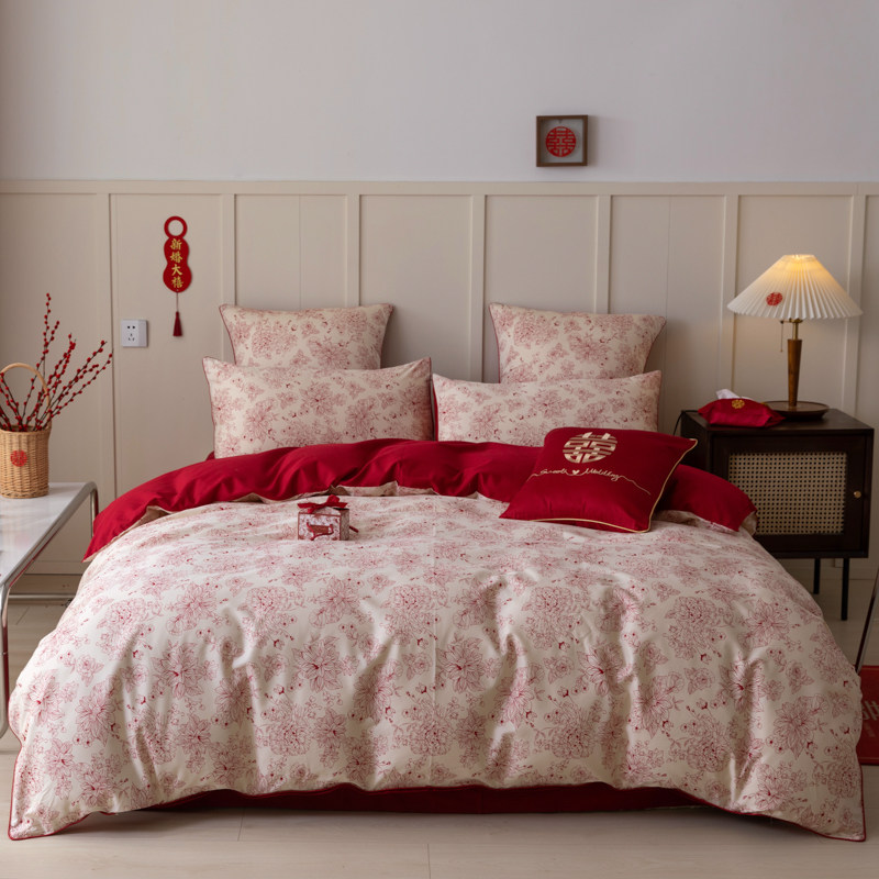现货公主风结婚床上用品四件套大红色100支长绒棉喜被陪嫁被套4件,床上用品,婚庆床品套件,淘宝优惠券,粉丝福利购,淘宝优惠卷