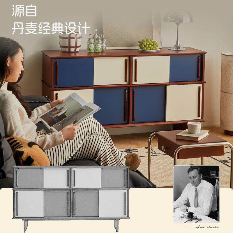 中古风实木餐边柜客厅储物柜复古设计收纳柜小户型多功能移门柜