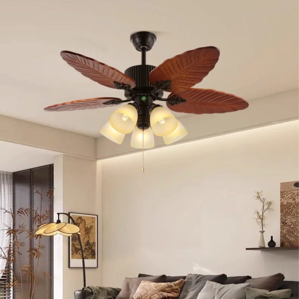 风扇吊灯法式中古实木餐厅吊扇灯美式复古南洋风新款客厅一体吊灯