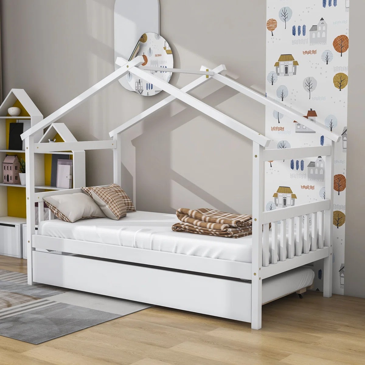 实木儿童树屋床带拖床护栏家用