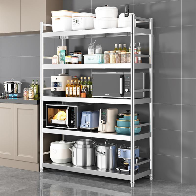 不锈钢厨房置物架落地多层家用货架微波炉收纳架橱柜多功能储物架