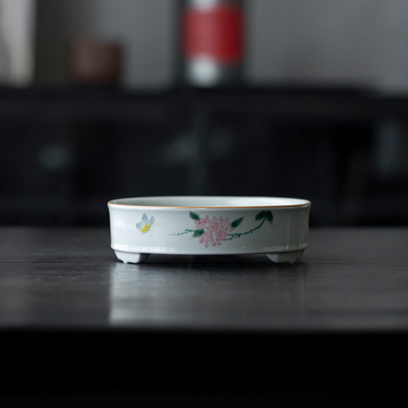仿古青手绘三足壶承 手工陶瓷干泡盘茶台壶托盘茶点盘果盘