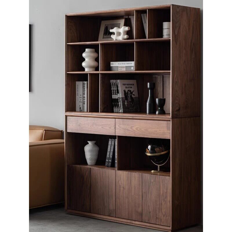 现代简约黑胡桃木全实木书柜组合餐边柜家用客厅实木抽屉矮柜书架