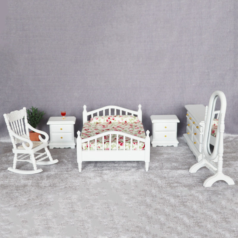 1:12迷你娃娃屋dollhouse12分娃娃用家具模型摆件白色卧室6件套装