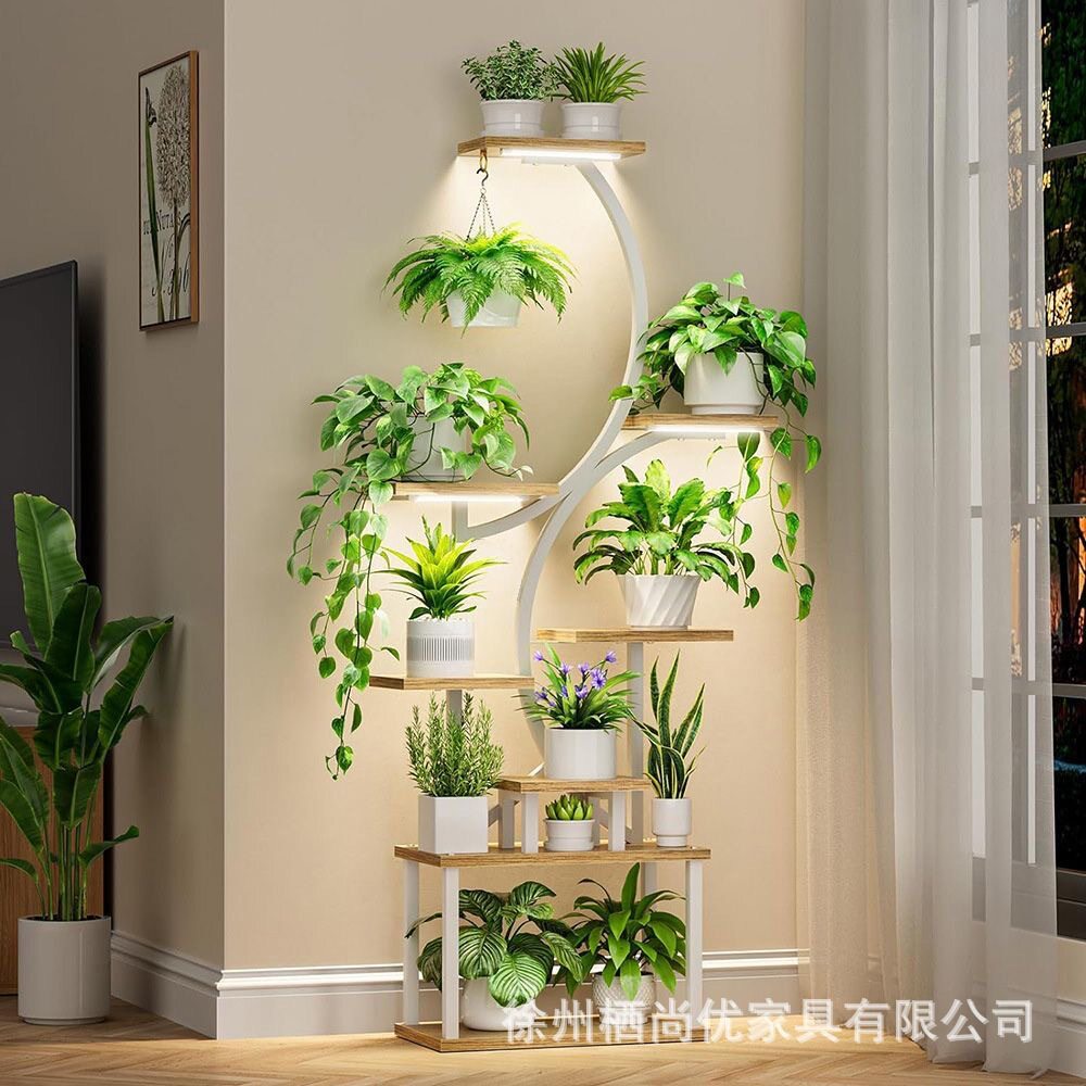 阳台室内落地铁木结合金属花架