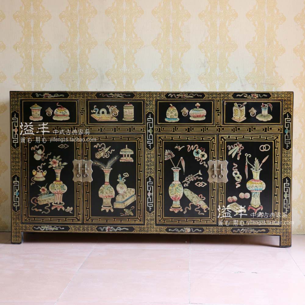 新中式仿古典家具实木手工彩绘门厅客厅卧室柜子手绘餐边柜玄关柜