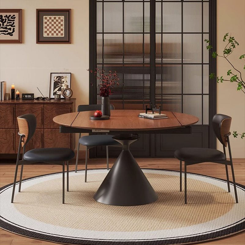 法式复古实木旋转伸缩餐桌奶油中古风胡桃木色方圆两用带转盘圆桌