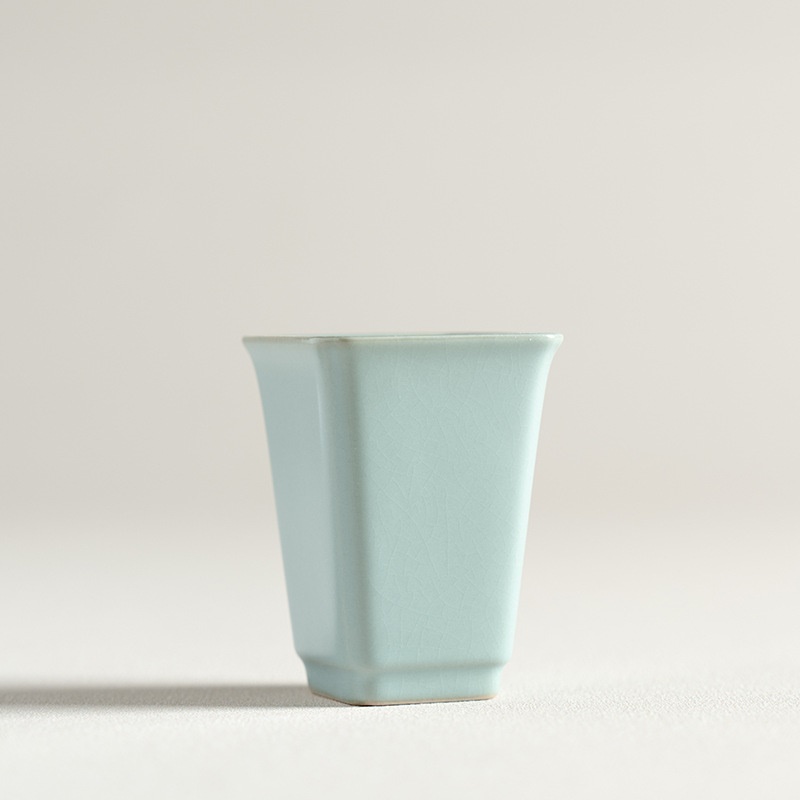 粉青汝窑四方杯开片可养主人杯单杯异形杯品茶杯汝瓷薄胎陶瓷