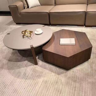 2026极简茶几圆形设计师轻奢现代客厅家用实木茶几多边形高低组合