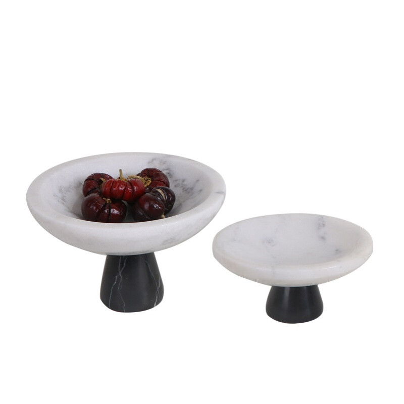 新中式大理石高脚果盘摆件售楼处展厅现代托盘酒店茶几软装饰品