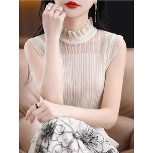 速发高025春夏蕾丝花边半2领精纺镂心士背空T恤针织吊带打底衫