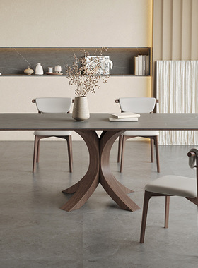 北欧实木长餐桌家用现代简约风胡桃木色依诺岩板白蜡木餐桌椅组合