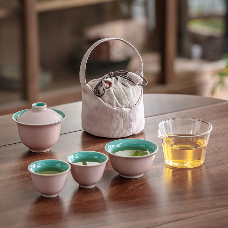 绿粉高温内外釉绣二才盖碗两杯旅行茶具公道杯提梁收纳袋茶事便携