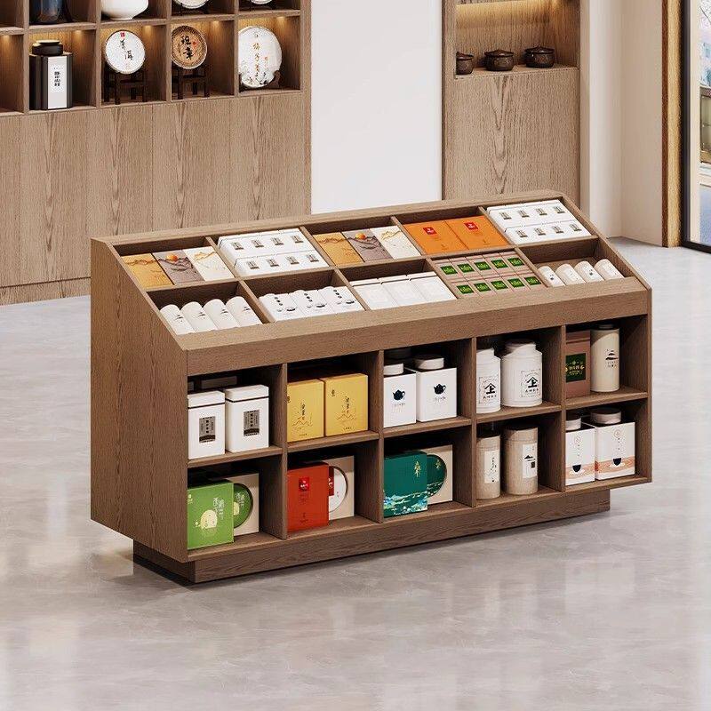 实木斜面展示柜中岛台简约礼品摆件柜货品展示柜靠墙陈列柜置物架