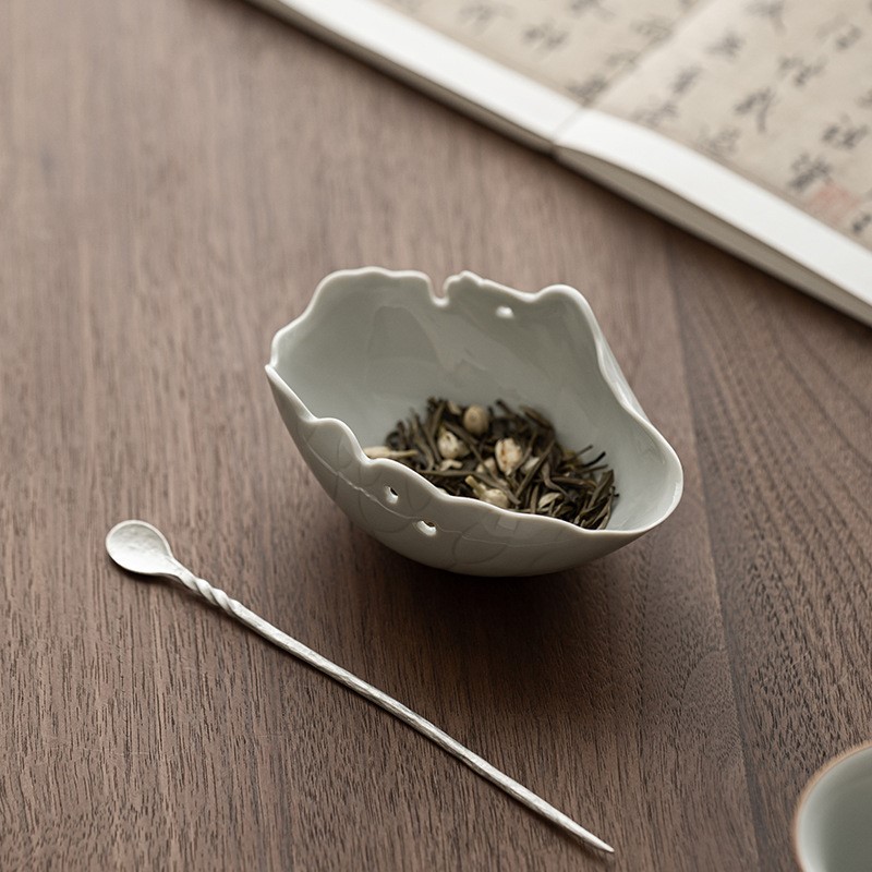 仿古青釉茶则茶拨两件套创意荷叶陶瓷茶荷简约醒茶器高档茶道配件
