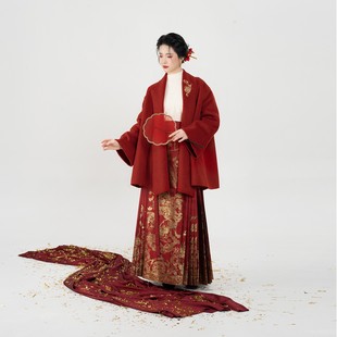 织造司 新年战袍红色双面绵羊毛呢子大衣妆花织金马面裙 金丝月季