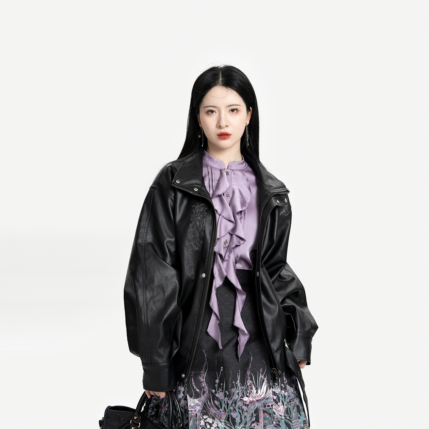 织造司[极夜流光]中式朋克风短款翻领皮衣外套女立领衬衫短马面裙