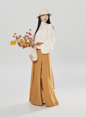 织造司[金珀]新中式改良汉服三裥裙半身长裙女毛衣两件套冬季裙装