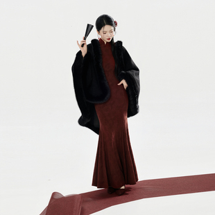 加厚毛呢披肩红色修身 新中式 鱼尾裙立领旗袍连衣裙女 锦姝 织造司