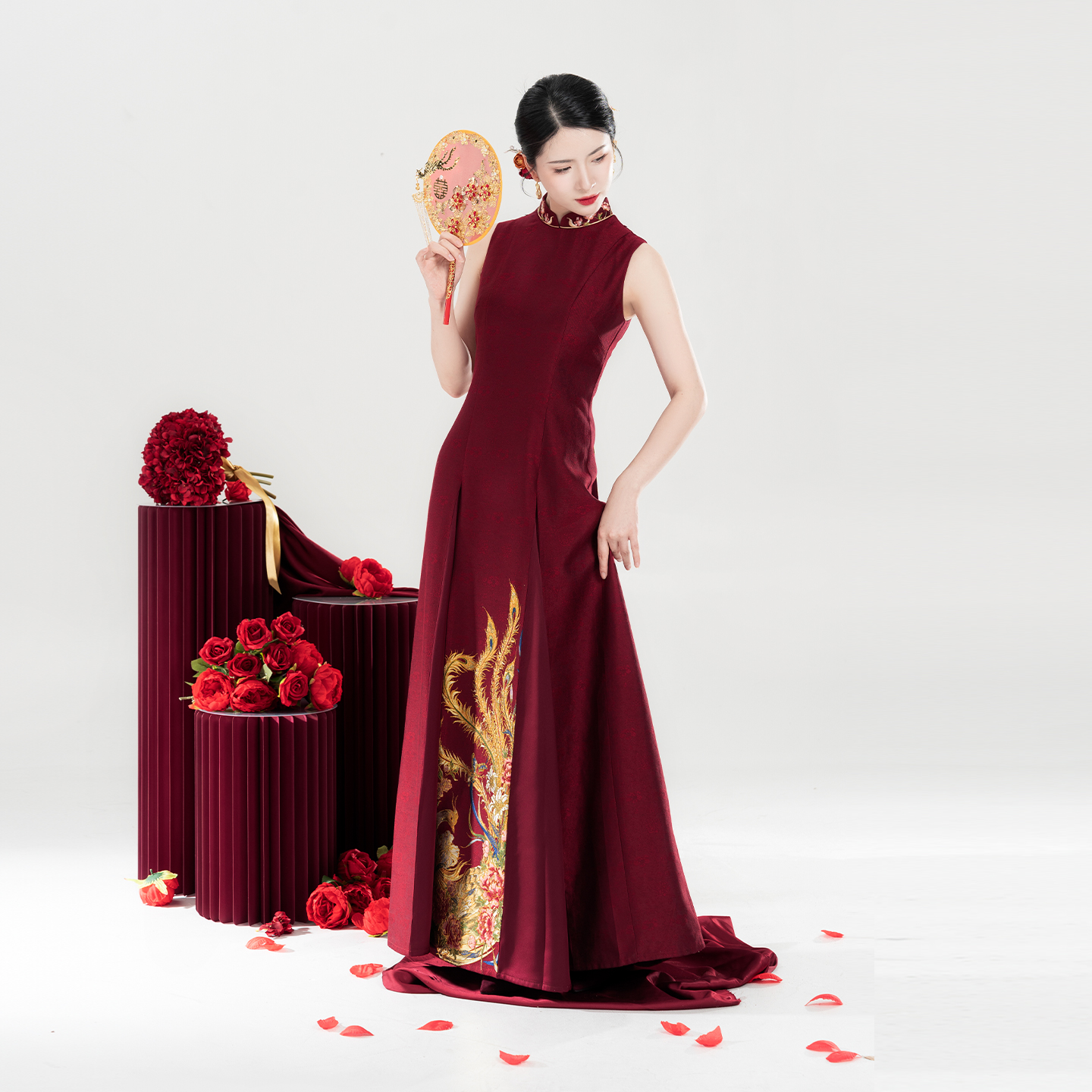 织造司[丹凤玉露]新中式披肩国风无袖连衣裙订婚礼服新娘服敬酒服