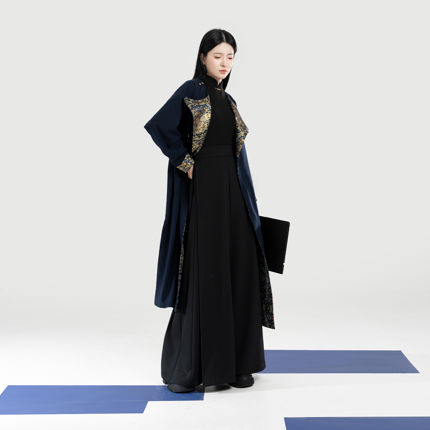 织造司[曜青]缠枝花鸟纹妆花织金改良圆领袍大衣宽松阔腿裤长裤女