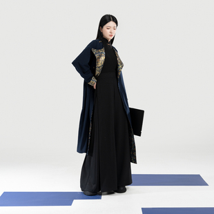 长裤 缠枝花鸟纹妆花织金改良圆领袍大衣宽松阔腿裤 女 曜青 织造司