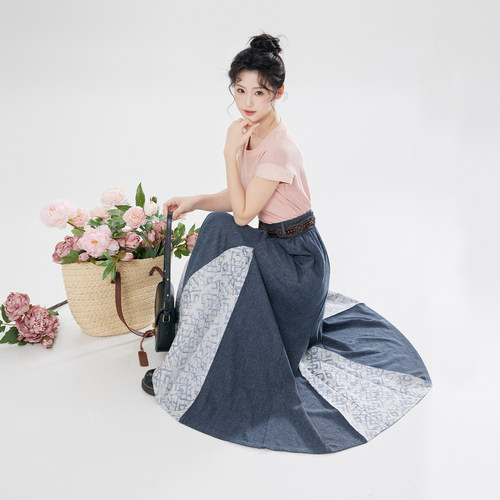 织造司[壁上听音者]改良汉服圆领衫短袖t恤上衣女牛仔半身三裥裙