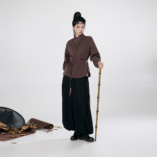 织造司[寒褐]新中式交领衬衫上衣女工装灯笼裤阔腿裤改良宋裤汉服