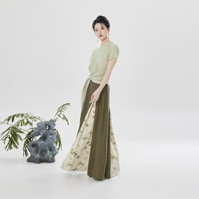 织造司[不言竹]新中式国风立领短袖上衣女改良汉服三裥裙半身裙子