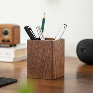 黑胡桃木笔筒轻奢高级感ins风实木办公室学生桌面文具收纳木质教