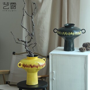 中古高级感黑陶瓷花瓶复古侘寂风花器玄关客厅摆件山归来水培花器