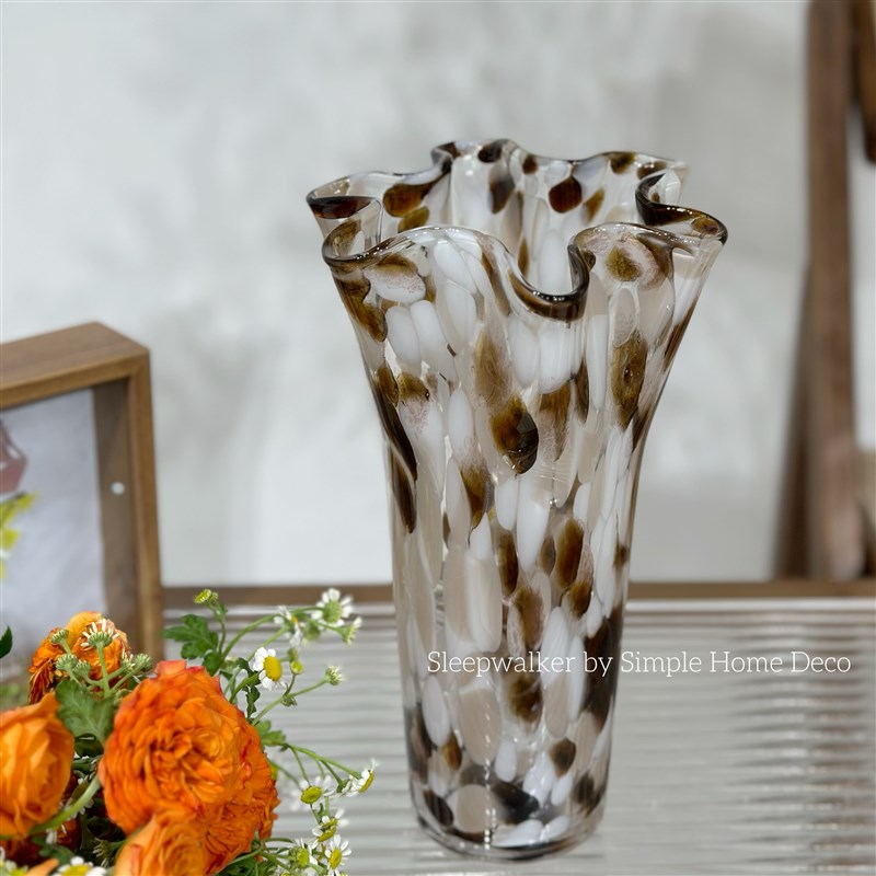 口14高2e4厘米 美拉德色棕白点白菜玻璃花瓶 花器摆件