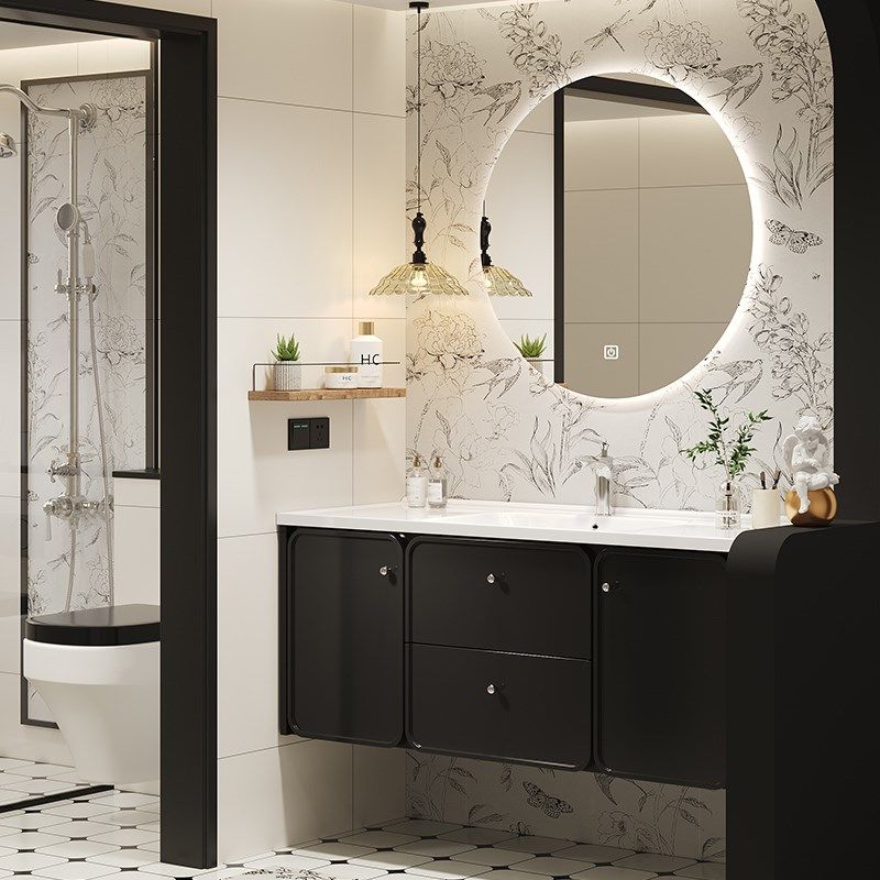 法式中古风浴室柜组合陶瓷一体盆洗漱台卫生间黑色洗手盆智能圆镜