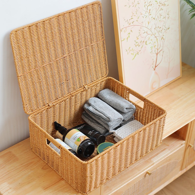 特大号收纳箱家用仿藤编织收w纳筐有盖玩具零食衣物杂物整理储物