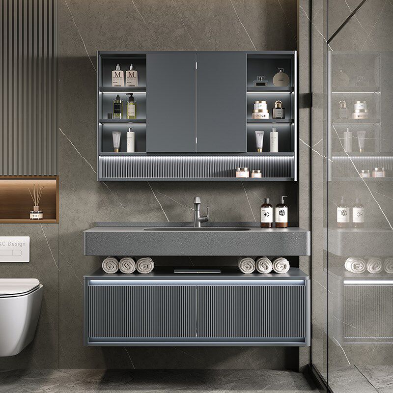 岩板陶瓷一体盆浴室柜卫生间定制洗漱台洗手脸盆智能折叠镜柜组合