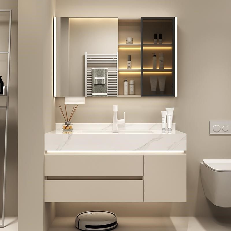 奶油风新款浴室柜组合岩板陶瓷无缝一体盆卫生间洗手盆洗漱台池