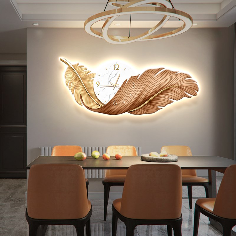 轻奢餐厅钟表装饰画创意发光羽毛壁画现代简约饭厅leXd灯时钟挂画