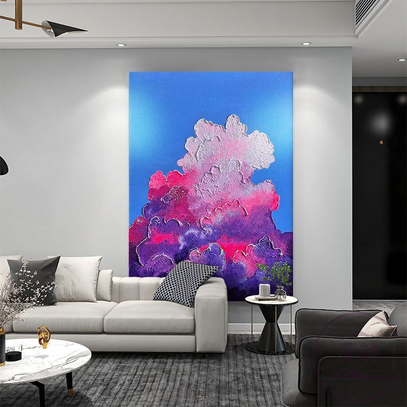 蓝天白云风景纯j手绘油画客餐厅装饰画竖版玄关石英砂立体肌理挂图片