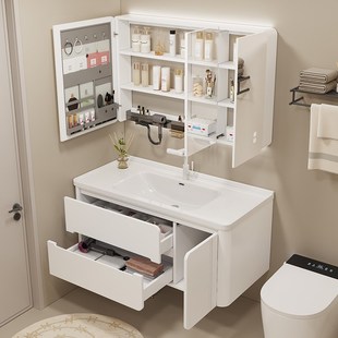 陶瓷一体盆法式圆弧奶油风实木烤漆浴室柜组合卫生间洗手盆洗漱台