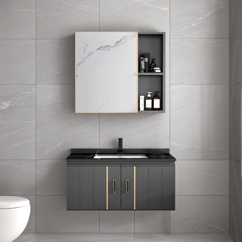 黑色岩板80cm浴室柜一体陶瓷洗脸盆柜组合卫生间洗漱X台面智能镜