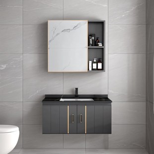 黑色岩板80cm浴室柜一体陶瓷洗脸盆柜组合卫生间洗漱X台面智能镜