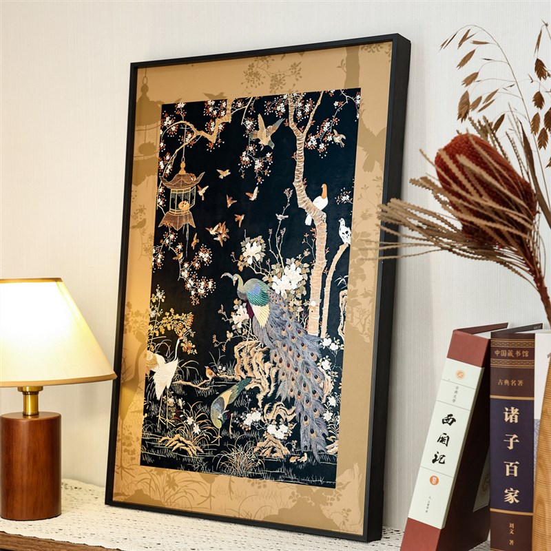 孔雀牡丹b现代复古客厅挂画中古风玄关花鸟装饰画法式艺术壁画图片