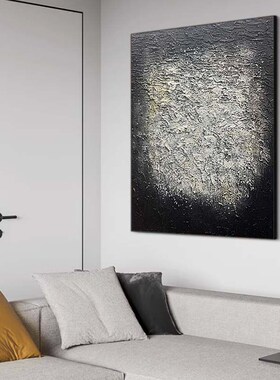 MHD手绘油画《黑夜之光》肌理黑白画抽象玄关装饰沙发设计师配画